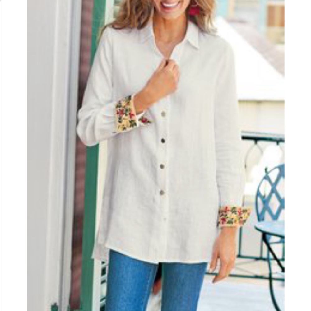 Women's Soft Surroundings Flora Blanco 100% linen tunic with embroidered cuffs